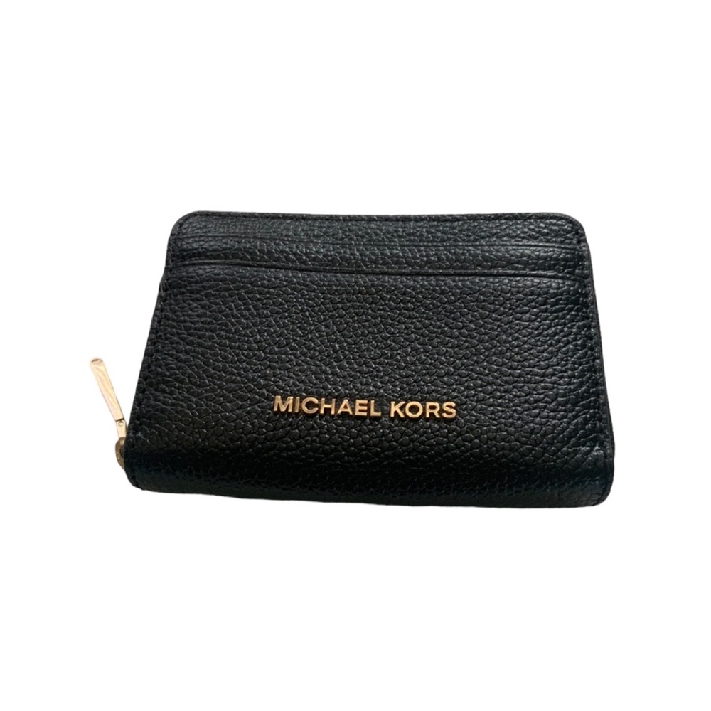 Michael Kors Black Pebbled Leather Sip Around Card Holder Gold Hardware NEW